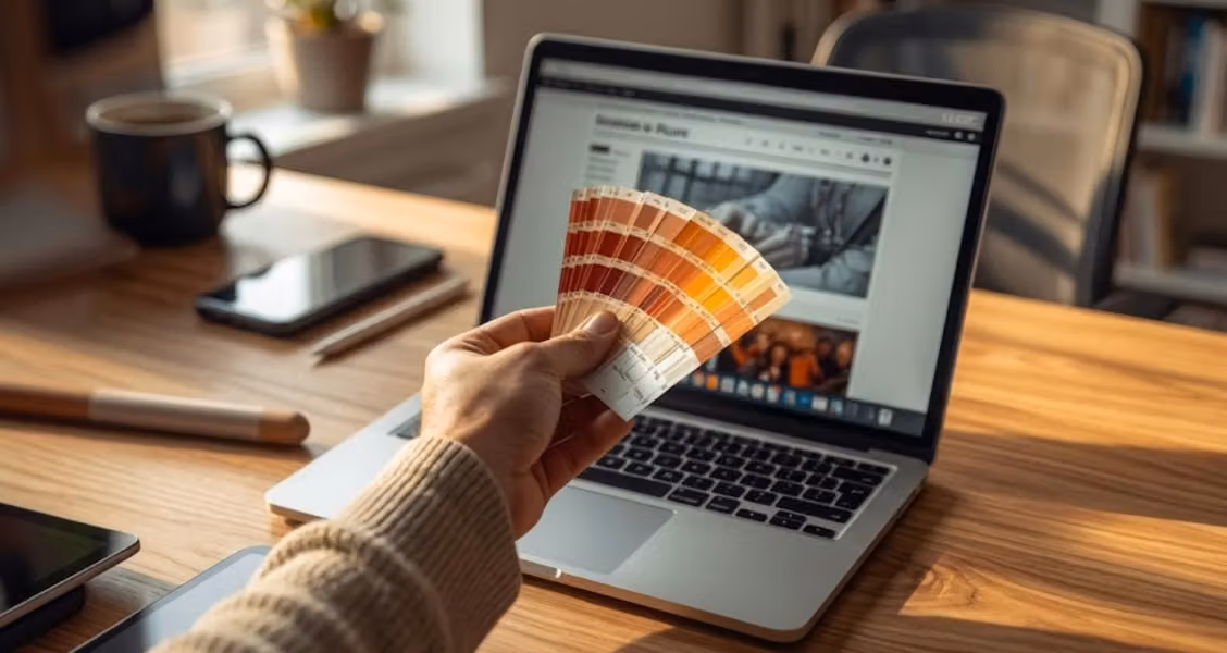 Hand holding a color swatch fan beside a laptop showing a colorful website mockup
