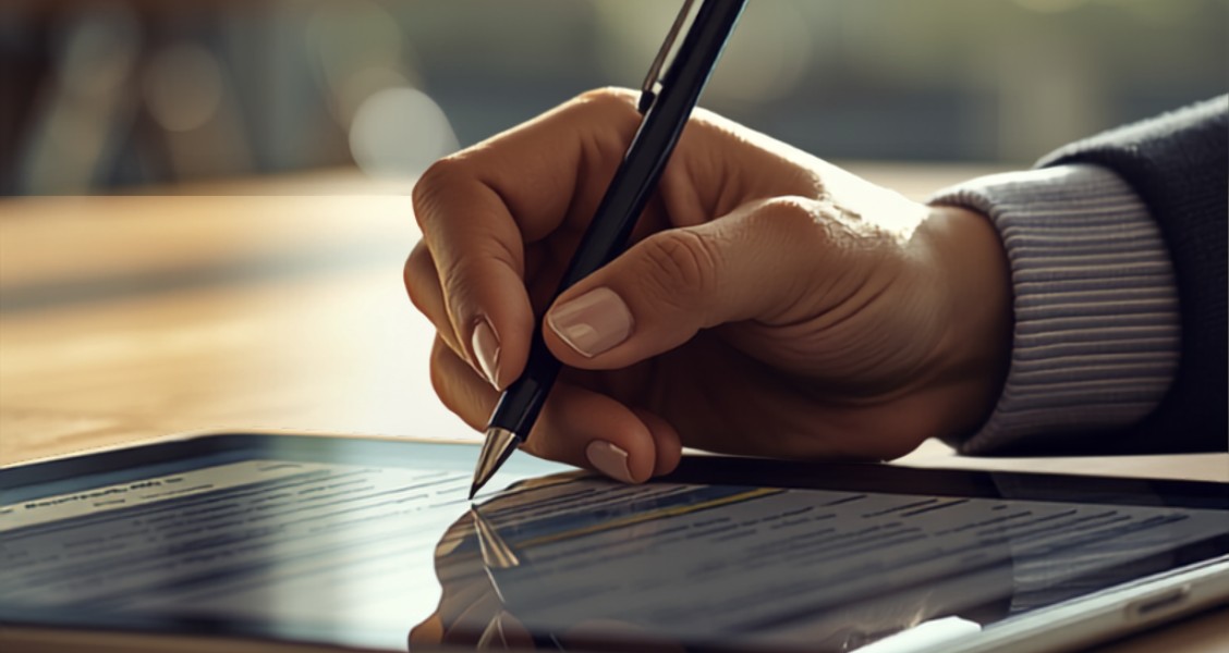 Hand signing a digital proposal with a stylus on a tablet at a sunlit desk