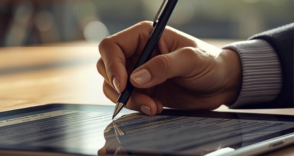 Hand signing a digital proposal with a stylus on a tablet at a sunlit desk