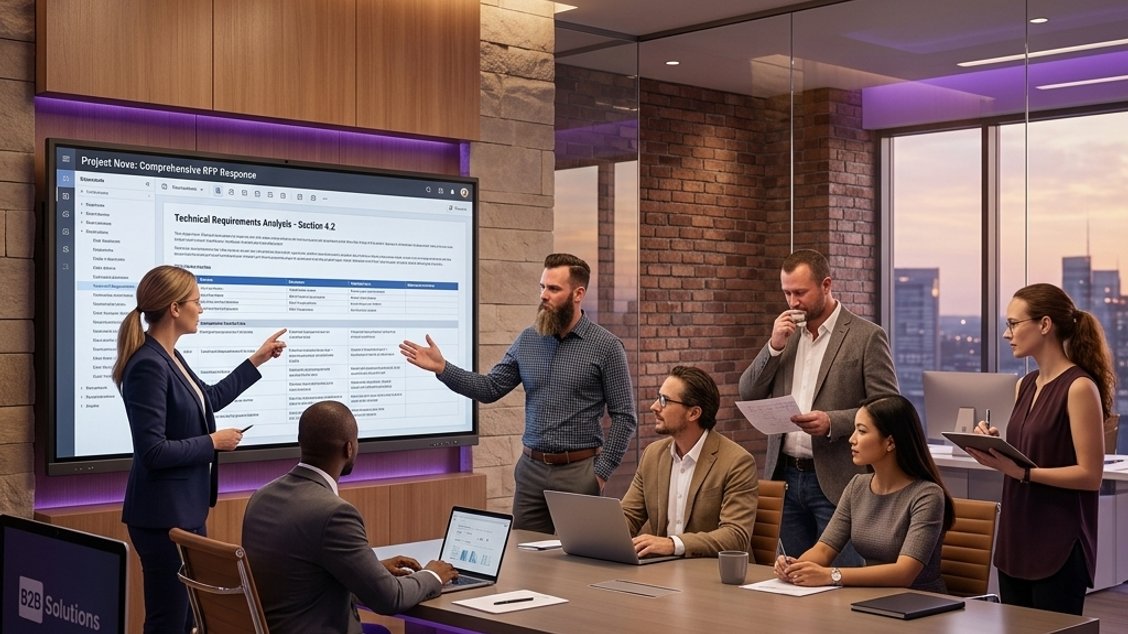 B2B team reviewing an RFP response document on a laptop at a desk