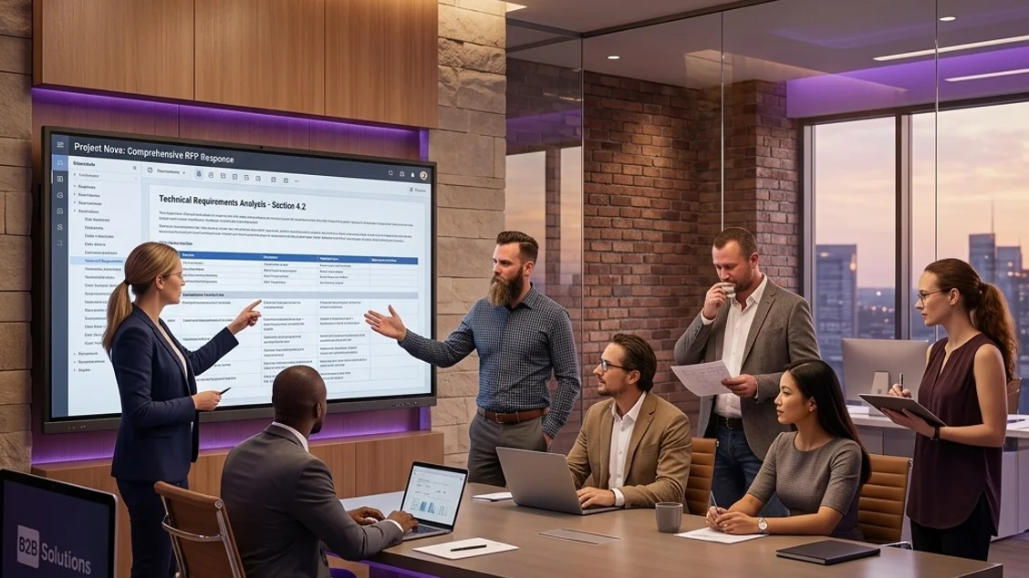 B2B team reviewing an RFP response document on a laptop at a desk