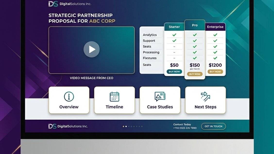 Interactive B2B proposal example built with Zoomforth showing embedded video and pricing section