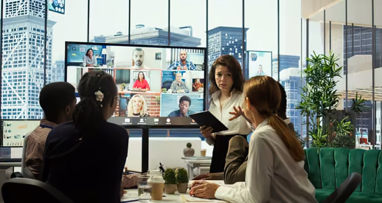 Office team meeting with remote colleagues on a large video call screen