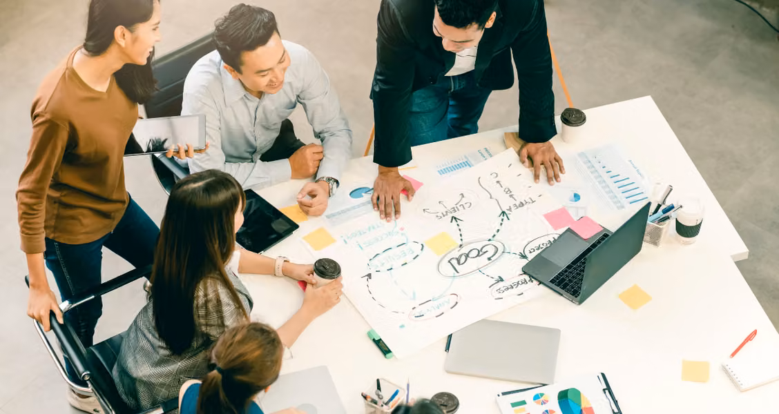 Product team planning a launch around a whiteboard covered in sticky notes