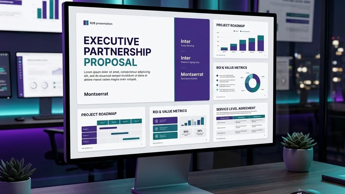 Proposal presentation template slides showing a structured B2B sales pitch layout