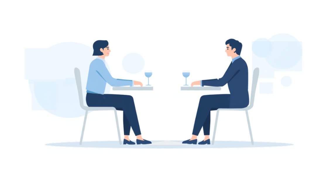 Two sales professionals in a calm negotiation conversation across a table
