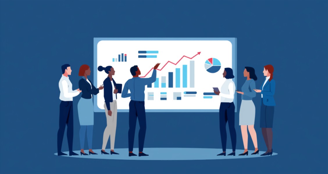 Sales team presenting a growth strategy with charts to stakeholders
