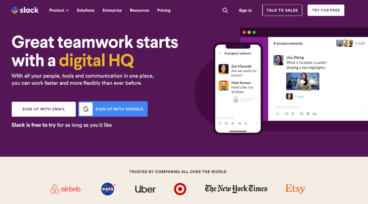 Slack landing page
