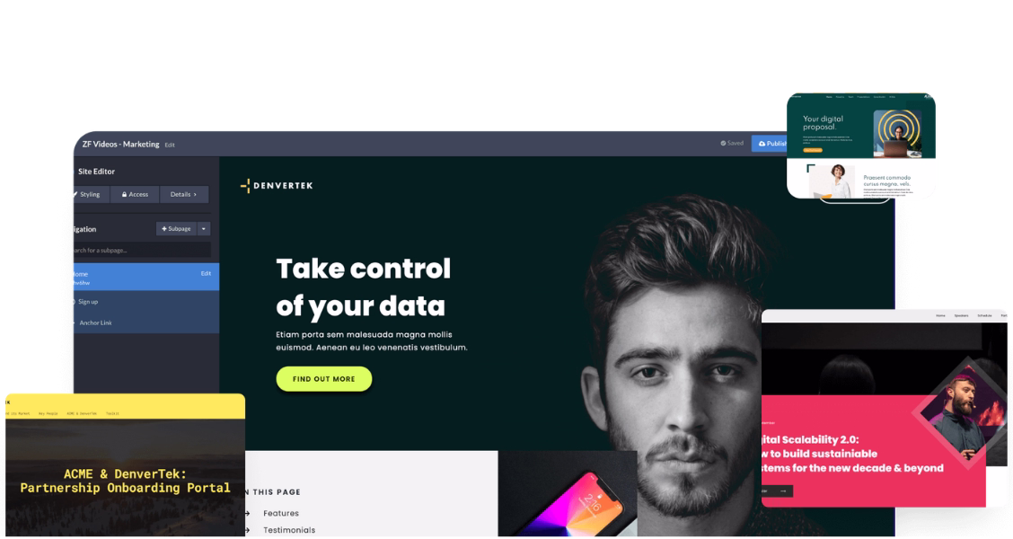 Screenshot of a microsite with Zoomforth app features on overlaid.