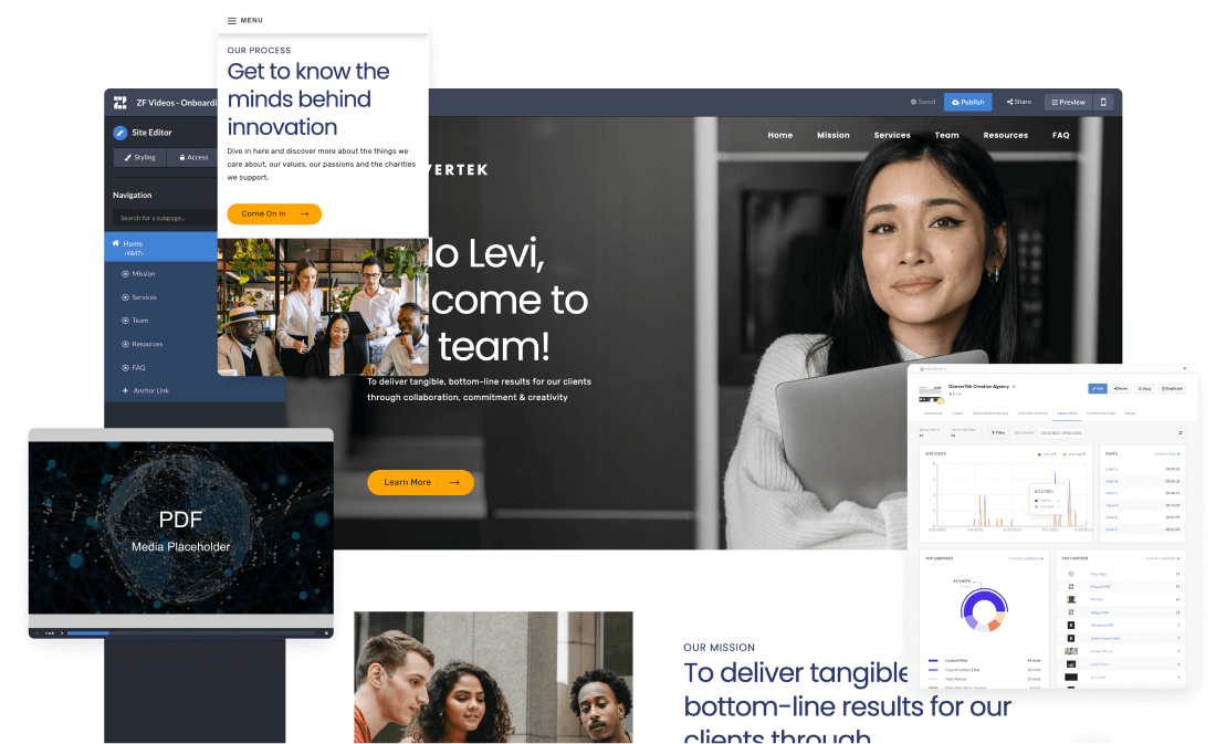 Collage of Zoomforth site editor features
