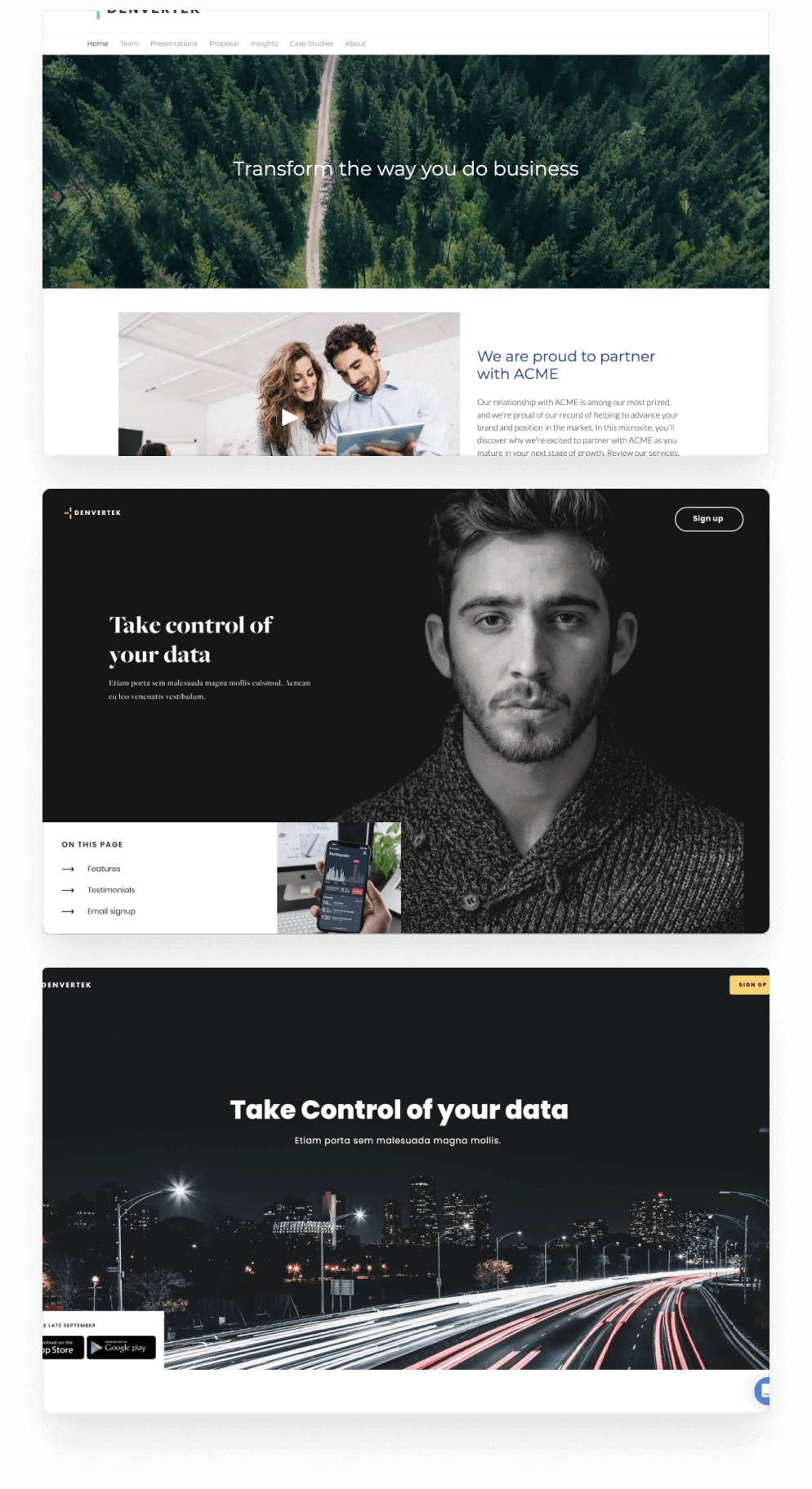 Screenshot of 3 sample microsite hero sections