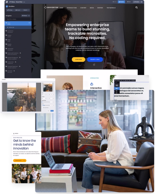 Screenshots of microsites with Zoomforth app features on overlaid