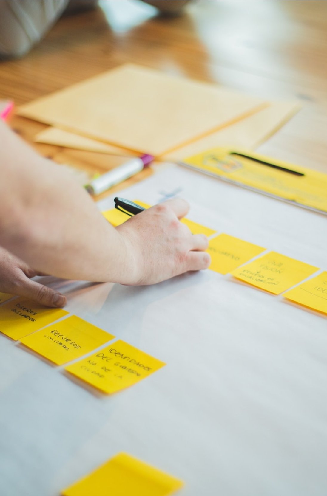 Post-it notes laid out in rows on a desk.