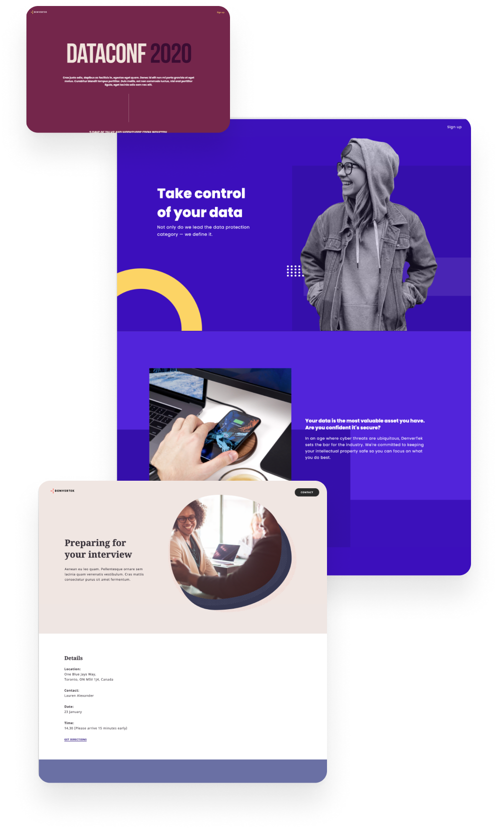 Three screenshots of content experience microsite examples