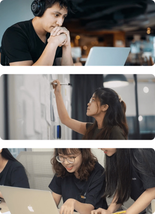 Three photographs, a man looking at a laptop screen, a woman writing on a whiteboard and two women looking a a laptop screen.