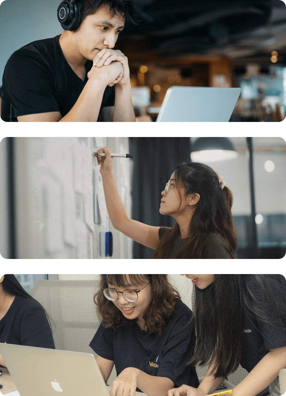 Three photographs, a man looking at a laptop screen, a woman writing on a whiteboard and two women looking a a laptop screen.
