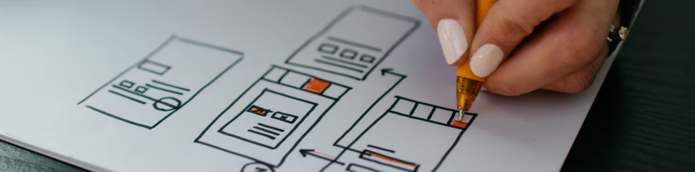 Hand holding a pen and drawing a flow diagram.
