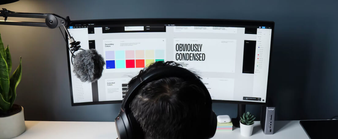 Person with a microphone viewing two screens.