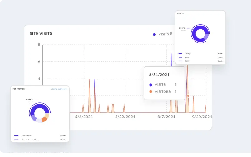 Collage of Zoomforth analytics: site visits chart, device breakdown, and top subpages