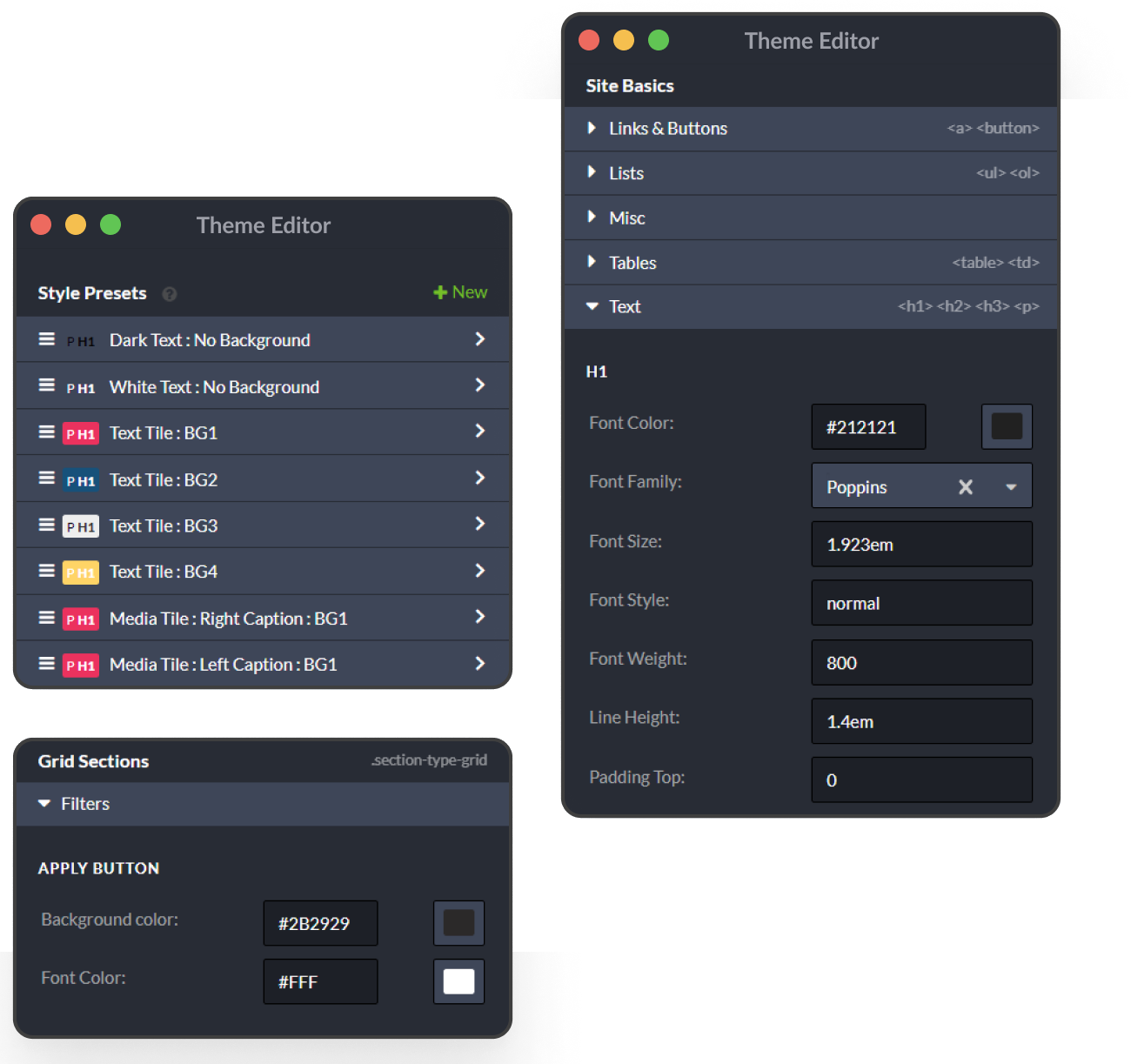 Theme editor settings.