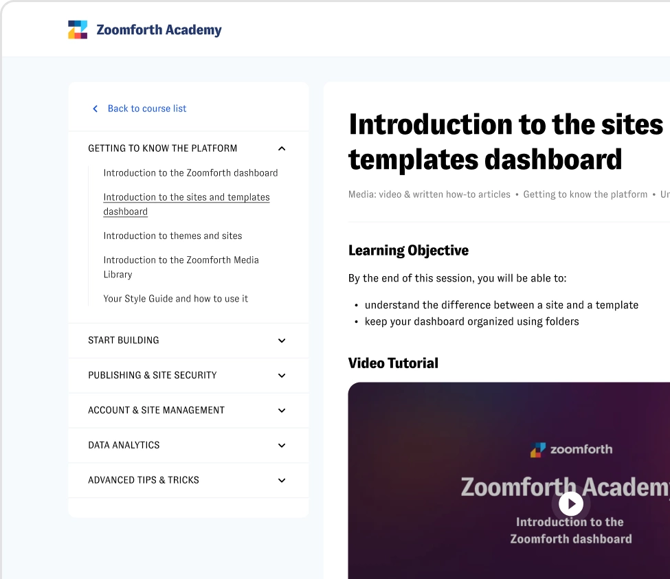 Screenshot of Zoomforth Academy menu.