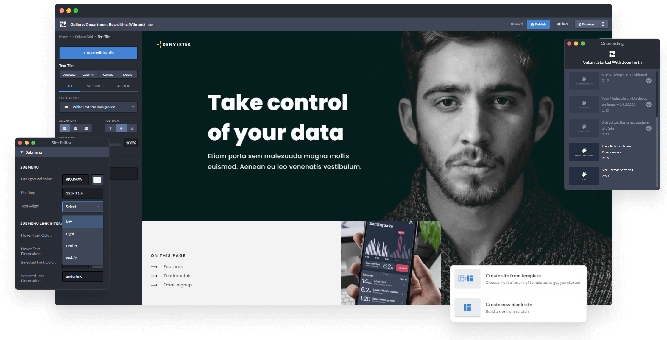 Collage of Zoomforth microsite editing features.