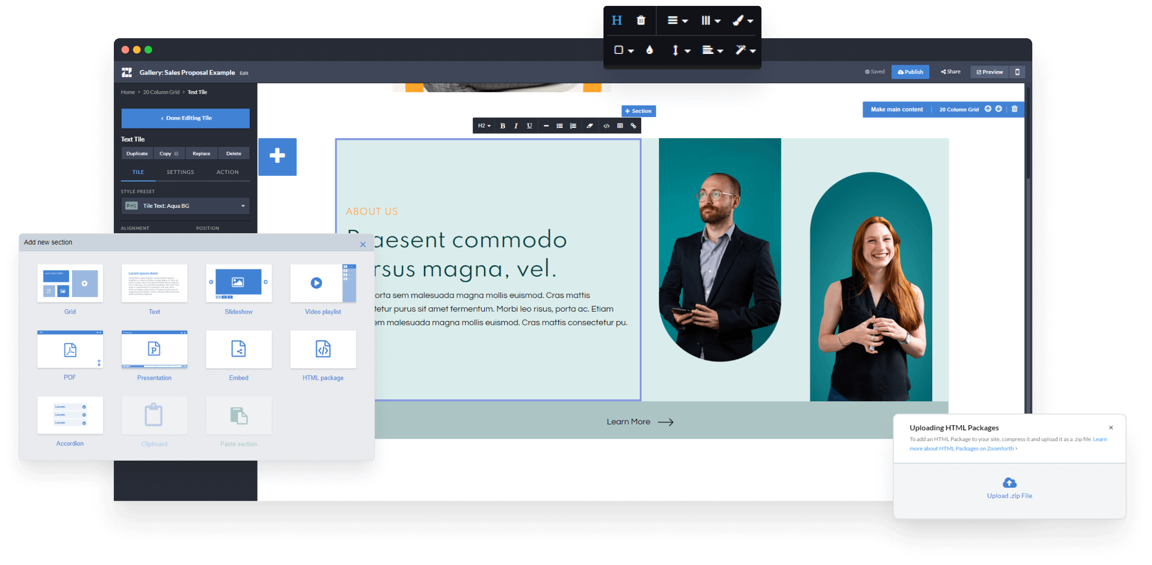 Collage of Zoomforth section editing options.